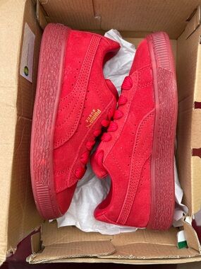 Puma Kids' Red Suede Low-Top Sneakers with Gold Branding